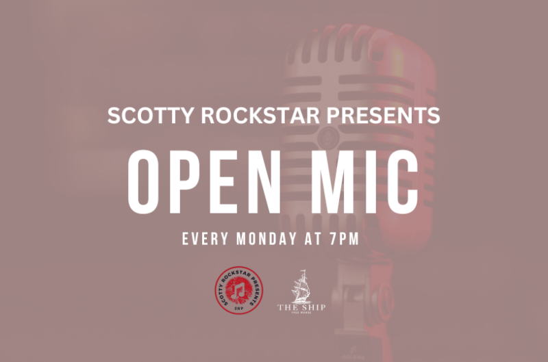 Poster for Scotty Rockstar Open Mic Night, showcasing live performances at The Ship pub in Southwark