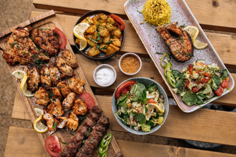 A delicious spread of authentic Lebanese cuisine in the beer garden of the Ship in Southwark, London